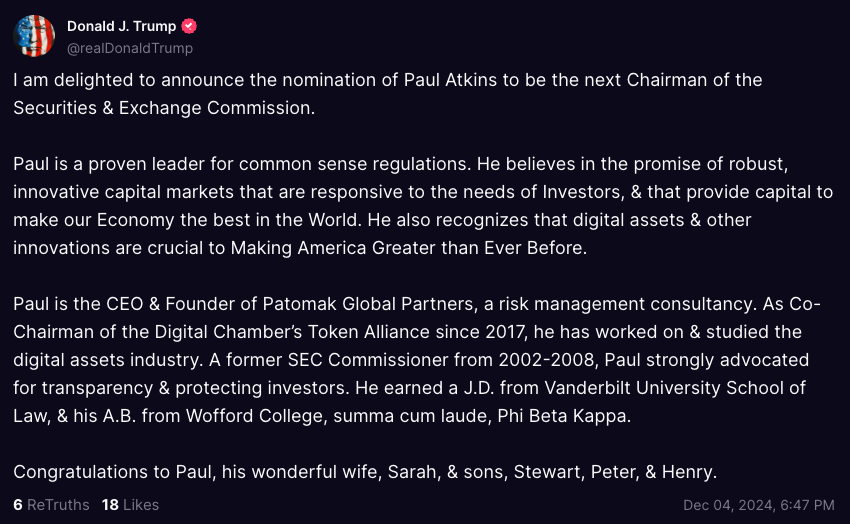 川普提名Paul Atkins任SEC主席，比特币突破10万美元，加密货币监管即将开启新的一页-第2张图片-火网下载